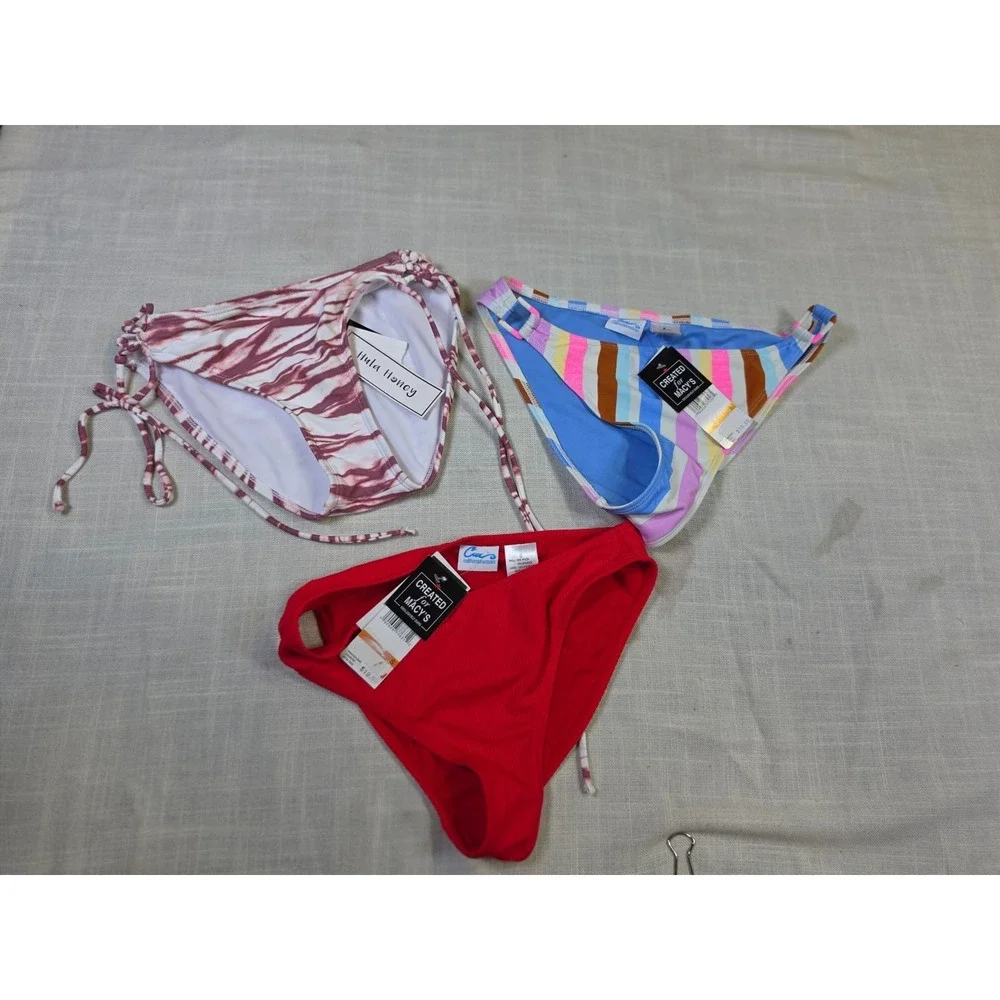 Lot 3 NWT California Waves Hula Honey Bikini Bottoms Red Striped Tie Dye S M